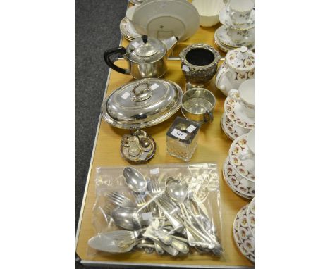 Silver Plated Ware - a silver plated entree dish and cover; a hammered teapot, ebonised handle; cruet set; flatware;  etc ; q