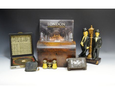 Ephemera - a Victorian mahogany domed top tea caddy (faults); Philip David, Hidden London Interiors  book; a resin figural gr