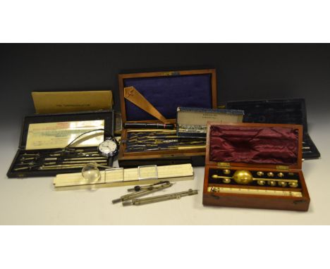 Scientific Instruments - a mahogany cased Hydrometer; cased drawing instruments; a slide rule; a chrome plated stop watch ; e
