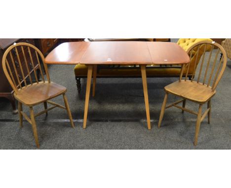 An Ercol 383 rectangle drop leaf, splayed legs, blonde, blue label; a pair of early Ercol Windsor chairs, blue label (3)