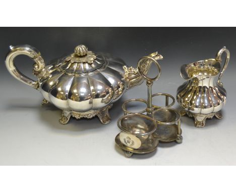 Plated ware - a melon shaped teapot by Barker Bros, conforming creamer; a Walker and Hall condiment holder engraved with the 