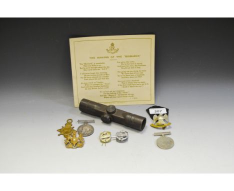 Militaria - a WWI medal, awarded to PTE. R. Hardy, R. Fus; a WWII rifle scope inscribed GWZF420799 ddx; Tank Regiment cap bad