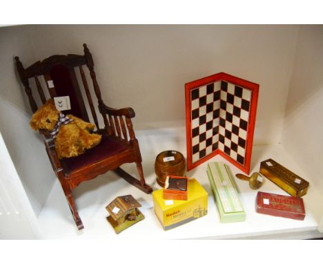 Ephemera - a Doll's rocking chair; a small Teddy; an oak tobacco jar c.1930's; a darning mushroom; a Kodak Brownie camera; a 