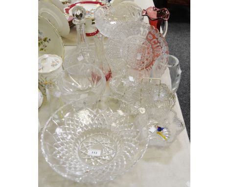 Glassware  - a pressed glass plate, 'Give Us Our Daily Bread'; cut glass decanter; pressed glass comport; cranberry glass ewe