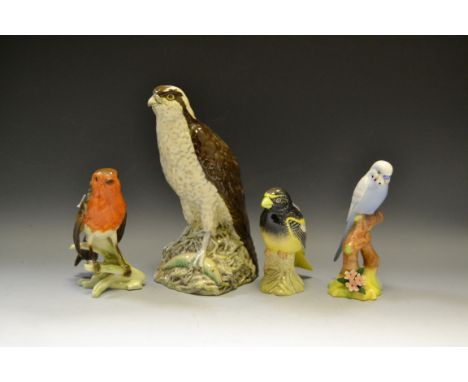 Ornithological Interest - a Beswick Evening Grosbeak; a Staffordshire model of a Budgerigar; a Goebel model of a Robin; a Ben