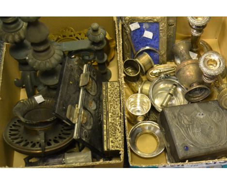 Metalware - a pair of Old Sheffield Plate candlestick; an Art Nouveau playing card case, applied cabouchons on an embossed pe