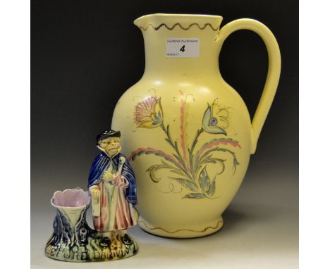 Caramics - a 19th century spill vase, Before Darwin, as a dressed Fox with stick;  a Glyn Colledge Denby jug (2)