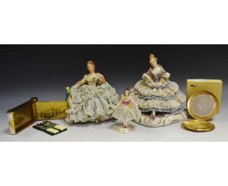 A Continental porcelain figure; others; a Lady's compact c.1940; a Lady's compact  including lipstick holder (5)