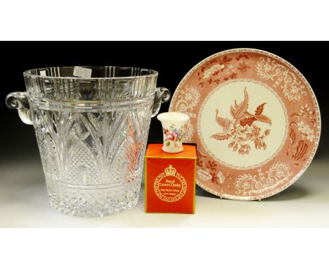 Ceramics & Glass - a large glass ice pale;  a Spode Pink Camilla pattern platter;  Royal Crown Derby posies vase etc 