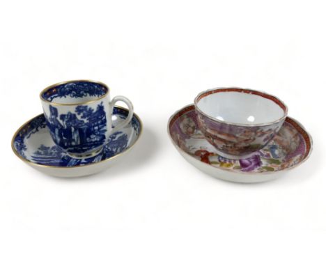 A first period Worcester blue and white tea cup and saucer and a famille rose tea bowl and saucer.Worcester in good condition