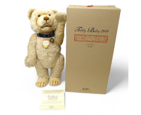 Steiff Teddy Baby 1949 replica, maize mohair posable five jointed bear standing 75cm tall, with open mouth smiling expression