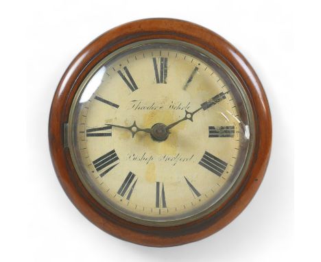 A 19th century postman's alarm wall clock, mahogany cased, the 9 inch dial signed Theodor and Wehrle Bishop Stortford, 30 by 