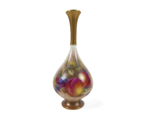 A Royal Worcester bone china single stem vase with fruit decoration by Freeman, 9cm by 20cm tall.Overall good, minor gilt wea