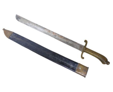 A 19th century German 1845 pattern Short Sword, blade length 48cm, overall length 62cm, with leather scabbard with brass moun