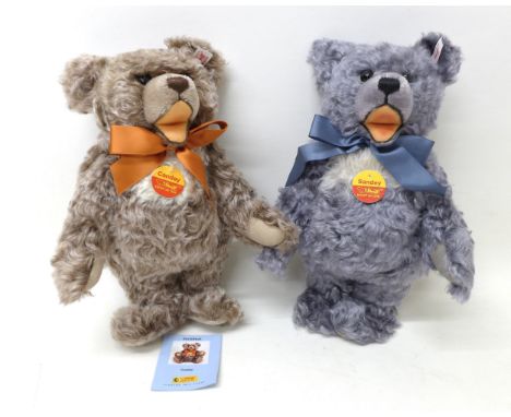 Pair of Steiff Festival Bears, Sandey is a grey/blue mohair, posable five jointed 5th festival bear, standing 30cm tall, toge