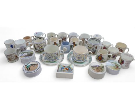A mixed group of ceramics, including paste pots and covers, 17 Royal Commemorative mugs and three reproduction 'Speed the Plo