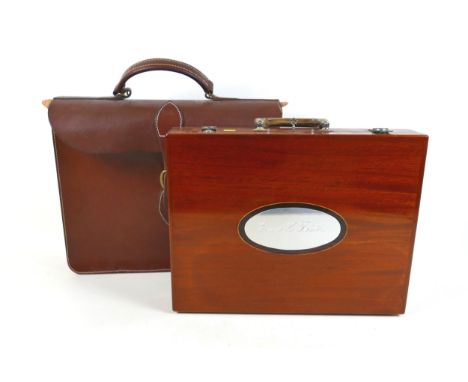 An unusual bespoke mahogany briefcase, silver mounted fittings, horn handle, oval plaque with inscribed initials, and inlaid 