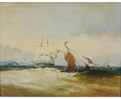 William S Hodgson oil on panel seascape fishing boat in a squall with two East Indiamen in the distance, in a gilt swept fram