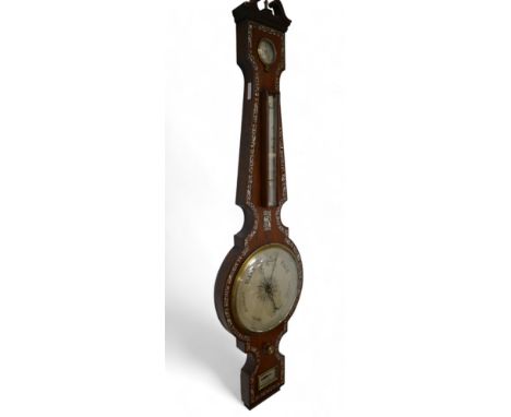 A Regency mother of pearl inlaid rosewood barometer with hydrometer above thermometer and dial. The level signed L Bernascone