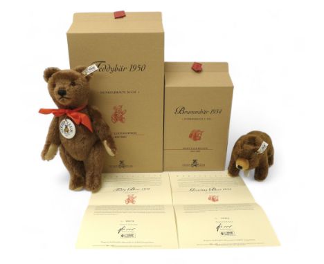 Two Steiff Club exclusive teddy bears, Teddy Bear 1950, a brown mohair, standing 35cm tall, posable five jointed replica bear