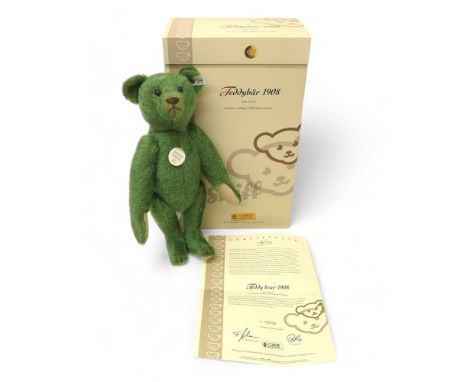 Steiff bear 1908, green mohair, posable five jointed bear, standing 35cm tall, limited edition of 3,000 pieces, no. 00202, wi