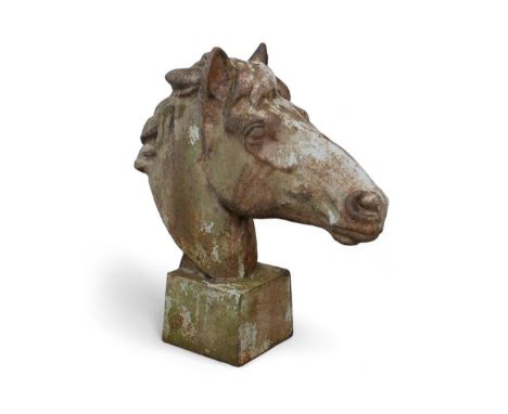 A cast metal model of a horse’s head, on square base. 