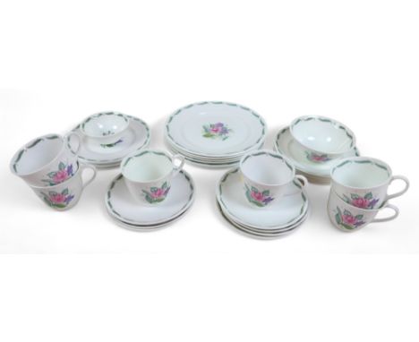 A Susie Cooper tea set, decorated in the Fragrance pattern, C485, transfer printed, comprising six cups, seven saucers, two s