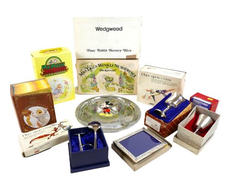 A collection of vintage Christening items, all boxed, circa 1980s, including a Wedgwood Mrs tiggy Winkle Nursery Set, a Wedgw