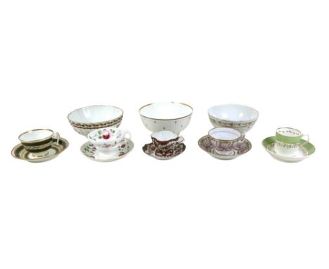 A group of late 18th and 19th century English china tea wares, including a Worcester fluted bowl, decorated with dark blue an
