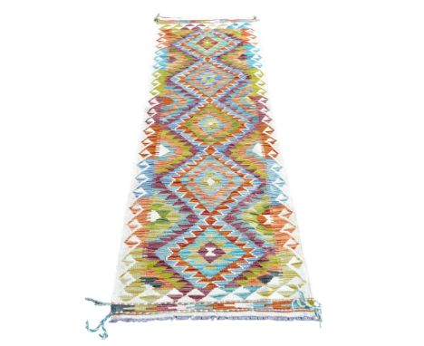 White edged multicolour geometric 100% hand knotted woollen runner rug, 198 by 64cm. 