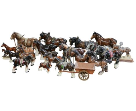 Over twenty ceramic equine figurines, mostly shire horses, including some by Melba, together with some hunting themed teaware