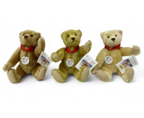 Three Steiff Anniversary Bears, Cinnamon bear, no. 02750, Brass bear, no.02325, and Light Blond bear, no.01835, posable five 