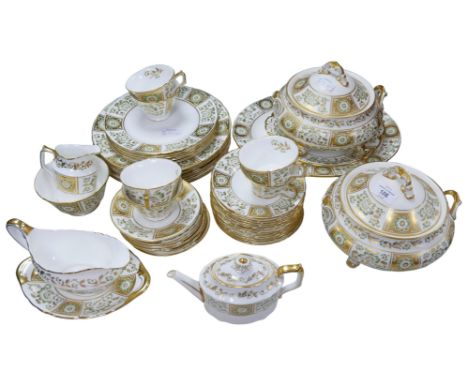 A Royal Crown Derby bone china Green Derby Panel dinner and tea service, forty pieces including a pair of lidded tureens.&nbs