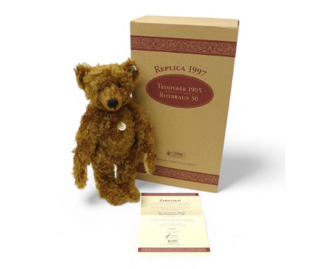 Steiff 1905 replica 1997 bear, red/brown mohair, posable five jointed bear standing 50cm tall, limited edition of 6,000 piece