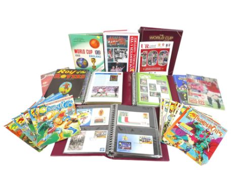 A collection of sporting stamp albums  and ephemera, including three albums of first day covers, a 1966 World Cup hardcover a