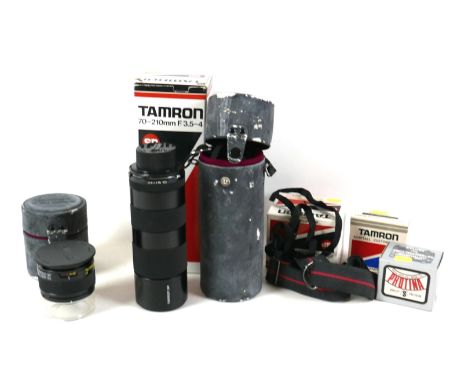 A small group of camera equipment, comprising Tamron CF Tele Macro lens, 70-210mm, F 3.5-4, 58mm diameter, serial 917247, in 