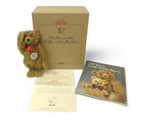 Steiff Teddy Bear with Book 100 years of Steiff teddy Bears, jubilee mohair teddy bear, standing 25cm tall, with posable limb