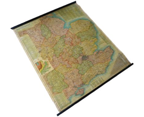 A Richardson's Map of South East &amp; Central England, wall hanging on wooden roller, 118 by 97cm.