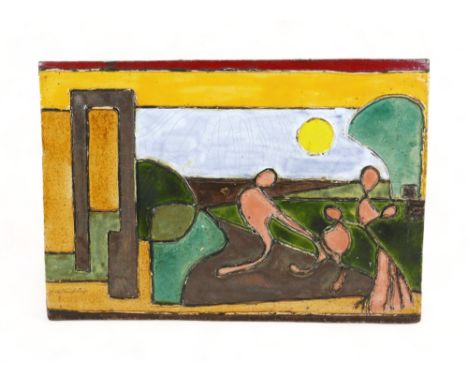 A mid century ceramic plaque/tile, with hand painted abstract decoration of three figures in a landscape, unsigned, 41 by 28c