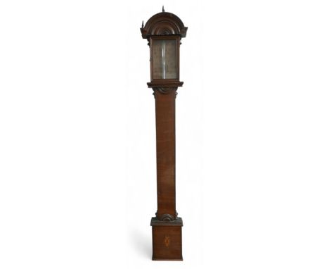 A 19th century mahogany stick barometer, in inlaid fan patera decoration, pen drawn face / scale behind a small glass door, 1