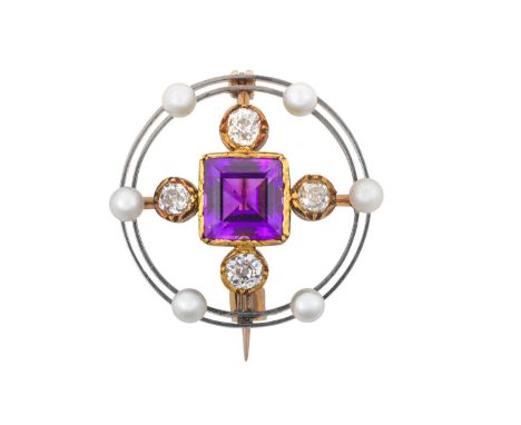 An Early 20th Century Amethyst, Diamond and Pearl Broochthe square step cut amethyst with an old cut diamond to each side, in