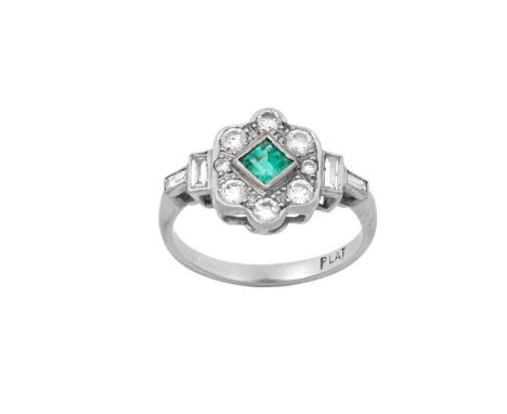 An Emerald and Diamond Cluster Ringthe square step cut emerald within a border of round brilliant cut diamonds, in white claw