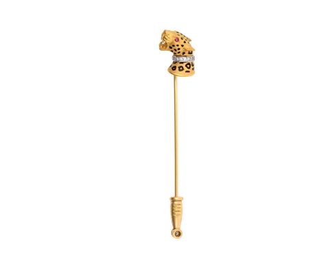 A Ruby, Diamond and Enamel Stick Pin, by Carrera y Carrerarealistically modelled as a leopard head, with a yellow matte finis