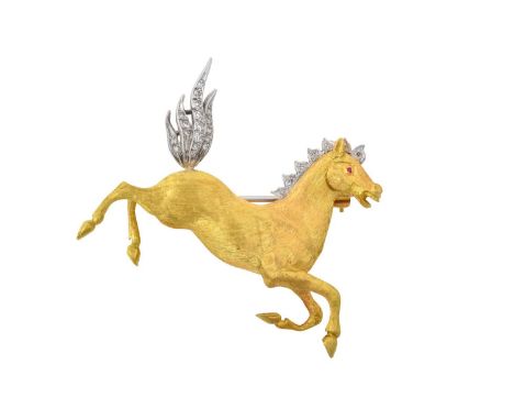 A Diamond and Synthetic Ruby Novelty Broochrealistically modelled as a prancing horse, the yellow textured body with white ma