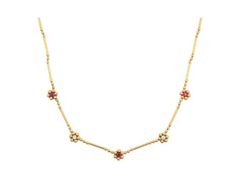 A Ruby and Diamond Necklace three round cut rubies alternate with two round brilliant cut diamonds, in yellow bead work flora