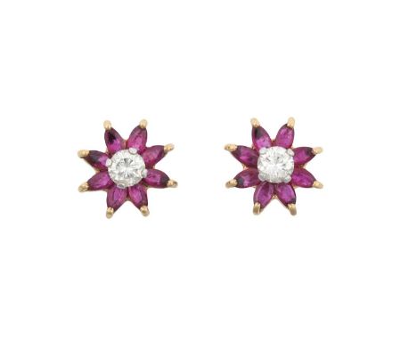 A Pair of 9 Carat Gold Ruby and Diamond Cluster Earringsthe round brilliant cut diamond in white claw settings, within a bord