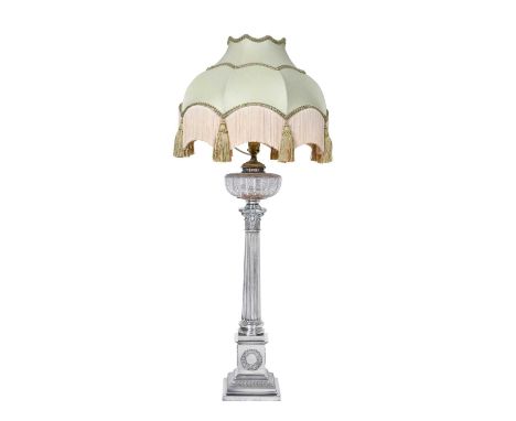 A Victorian or Edward VII Silver Plate Oil-Lamp,  by Mappin and Webb, Circa 1900 on square base with laurel wreath applied si