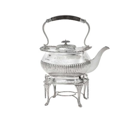 An Edward VII Silver Kettle and Stand,  by William Hutton and Sons Ltd., Sheffield, 1909 the kettle tapering oblong and with 
