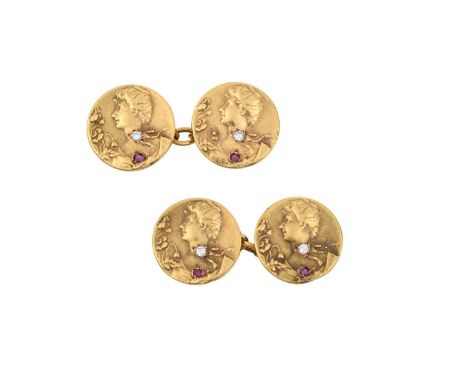 A Pair of Diamond and Synthetic Ruby Cufflinksthe yellow chain linked circular plaques depicting a maiden inset with a round 