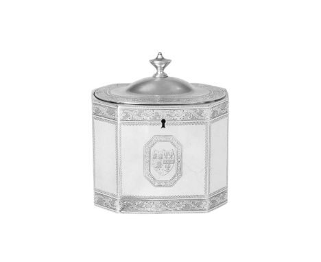 A George III Silver Tea-Caddy,  by John Denzilow, London, 1788 elongated octagonal and with foliage and flower engraved borde